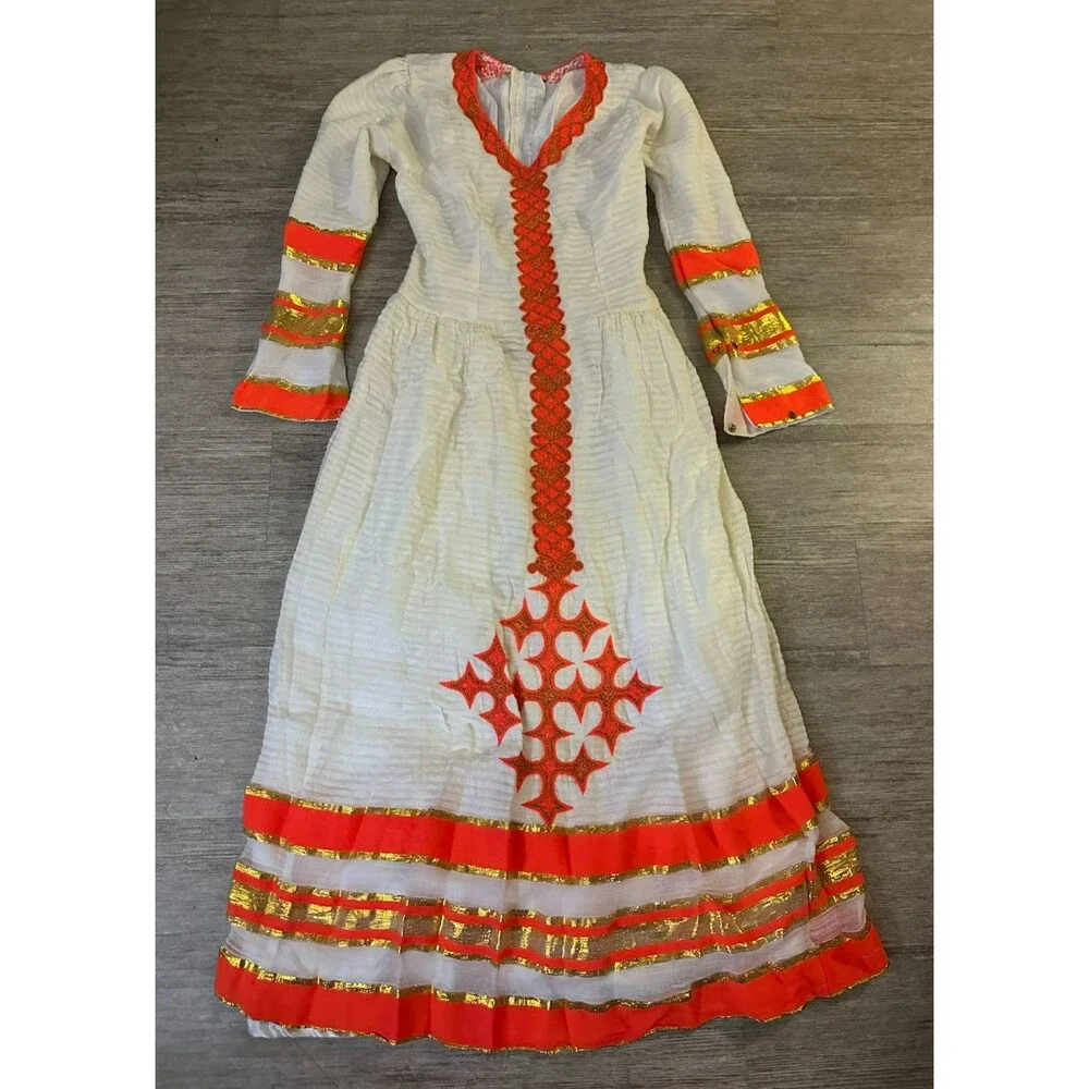 Ethiopian Traditional Dress Handmade Habesha Kemis Gold Orange Dress